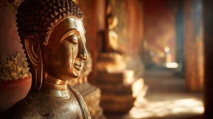 Golden Buddha Statue in Peaceful Temple Setting with Soft Sacred Light