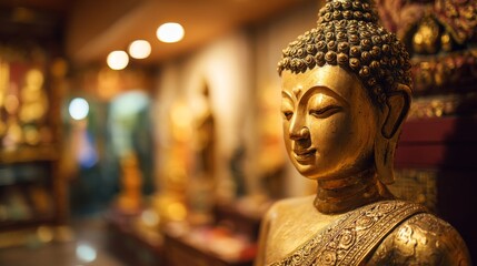 Golden Buddha Statue in Peaceful Temple Setting with Soft Sacred Light