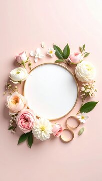 Elegant floral arrangement with blank round frame on pastel backdrop