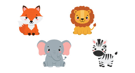 Adorable cartoon safari animals collection featuring fox lion elephant and zebra for kids isolated on white background