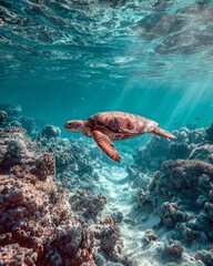 Sea Turtle Gliding Gracefully Over Coral Reef with Sunbeams Underwater
