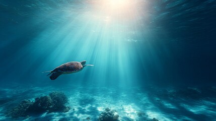 Sea Turtle Gliding Gracefully Over Coral Reef with Sunbeams Underwater