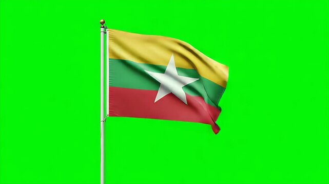 Myanmar flag waving proudly in the breeze against chroma key green screen for news, travel, culture, and patriotic visuals - Powered by Adobe