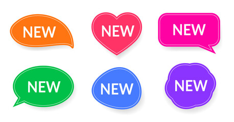 Colorful vector sticker set with “NEW” text. Labels in shapes of heart, speech bubble, oval, and flower. Bright red, pink, orange, purple, green, and blue colors. Perfect for sales, promotions, and ma