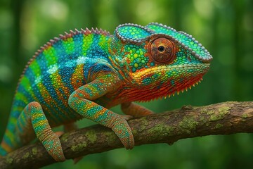 Obraz premium Vibrant Chameleon Portrait on Jungle Branch