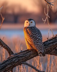 Snowy Owl Perched on Frozen Tree Branch in Golden Winter Light
