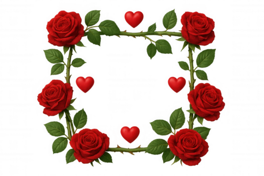 Red roses and hearts forming a square frame, symbolizing love and romance on transparent background for valentine's day
