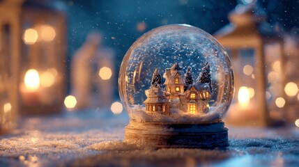 Cozy winter village in snow globe with warm lights and snowflakes
