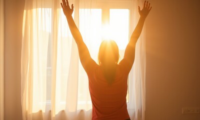 Woman Stretching in Sunlight by Window with Open Curtains