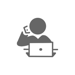 【Business Icons &ndash; Meeting】Business person using laptop and talking on mobile phone / ノートパソコンで作業しながらスマートフォンで通話するビジネスパーソンのピクトグラム