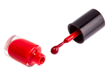Red nail polish dripping from brush and bottle isolated on a transparent background 1