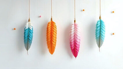Hanging decorative paper feathers.