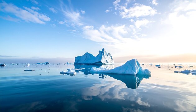 An expansive view of an iceberg afloat on serene waters with scattered ice floes under a bright blue sky