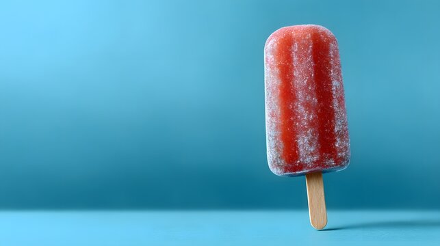 Red ice pop on a blue background, a sweet summer treat