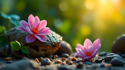 Pink lotus flowers in a tranquil setting.