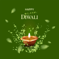 Green Diwali. Concept design. Traditional diya lamp and green flying leaves