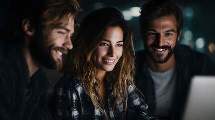 A diverse group of young friends or colleagues two men and a woman smile and engage with a laptop screen in a collaborative evening setting