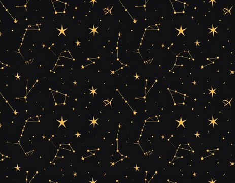 A celestial pattern of golden constellations against a dark background