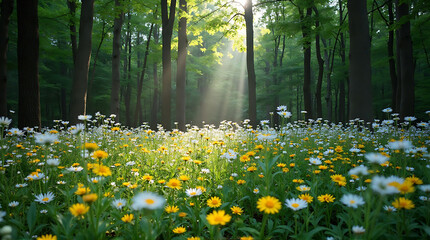 Obraz premium Sunlight streams through a dense forest onto a vibrant meadow filled with wildflowers.