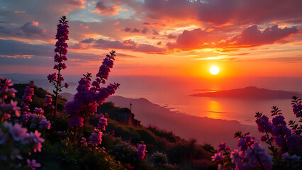 Mountain flowers basking in a fiery sunset over the ocean.