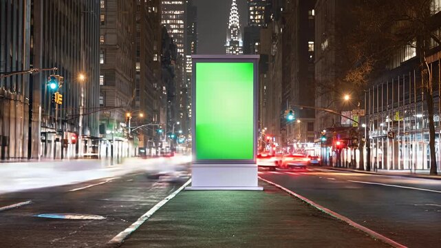 Green-screen city billboard stands in the middle of a glowing avenue, perfect keyable plate for ads, product reveals, and bold urban campaign mockups.