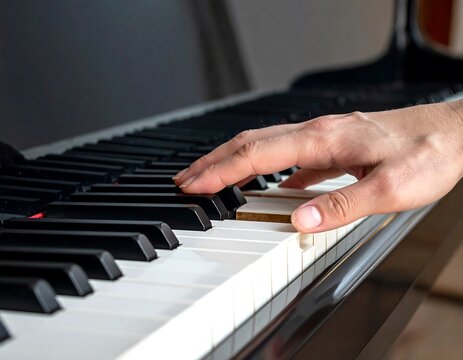 Close-up of a hand playing piano keys