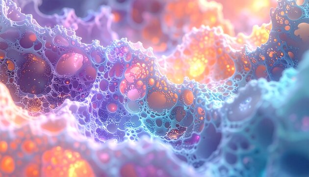 Intricate, glowing, cellular-like patterns evoking microscopic life in vibrant hues of purple, blue, and orange
