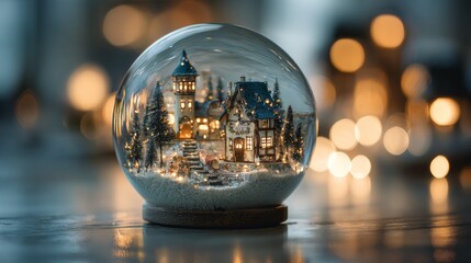 Magical winter wonderland in glass snow globe with illuminated miniature village
