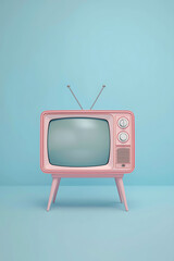 Vintage Pink Television On Soft Blue Background – Whimsical Retro Art Design