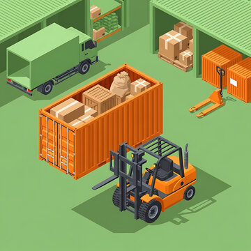 Isometric logistics warehouse hub visualization simulating Remote Sensing imagery of cargo shipping and transport operations