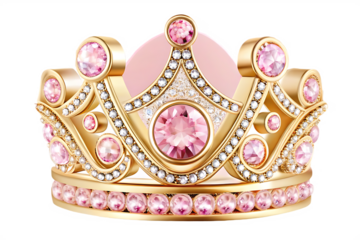 Royal gold crown with pink diamonds isolated on a transparent background jewelry