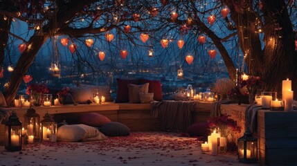 Cozy outdoor lounge with candles and lanterns under heart-lit tree at twilight