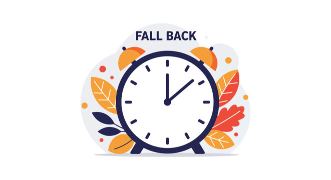 Fall back clock time change autumn leaves seasonal transition reminder graphic isolated on white background