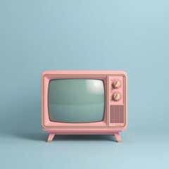 Vintage Pink Television On Soft Blue Background – Whimsical Retro Art Design