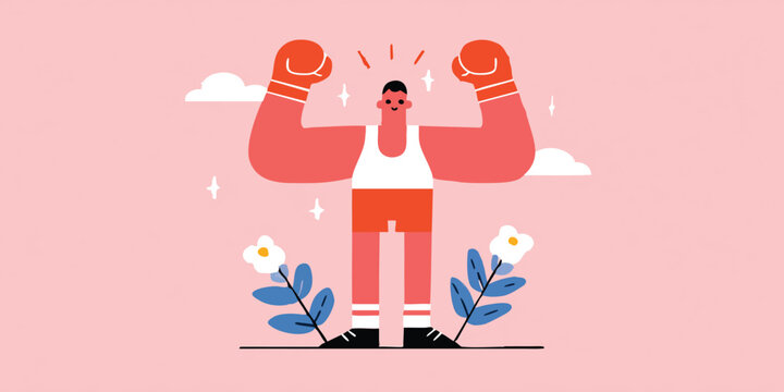 A triumphant boxer, exuding strength and confidence, stands tall in a graphic illustration, celebrating his victory amidst a backdrop of stylized elements.