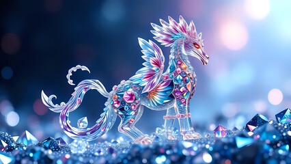 A fantastic crystal figurine of a winged mythical creature, glistening with a vibrant array of jewels.