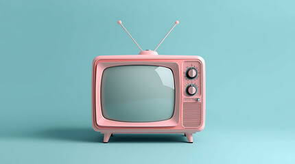 Vintage Pink Television On Soft Blue Background – Whimsical Retro Art Design