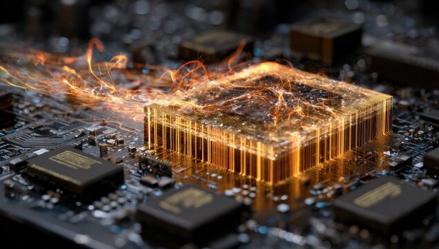 Computer chip with fiery glow