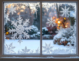 A window with frost and snowflake decals, offering a cozy view of a snowy garden with sparkling bokeh lights.