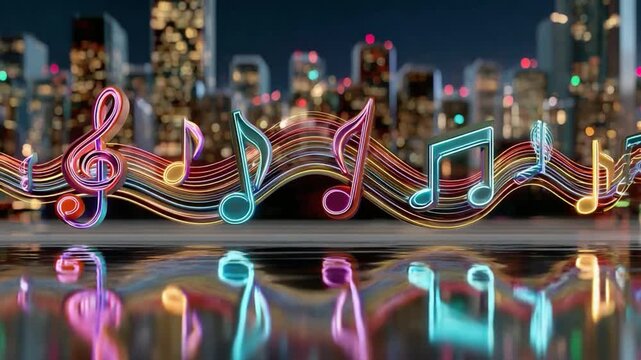 Rhythmic City Symphony: Vibrant musical notes dance against a backdrop of a futuristic cityscape, symbolizing the harmonious integration of art and urban life.