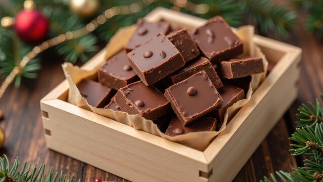 Delicious chocolate squares in wooden box, perfect for festive celebrations and holiday gatherings, surrounded by Christmas decorations - Powered by Adobe
