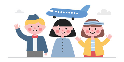 Cheerful airline staff and passengers embark on a journey of adventure with an illustrated aeroplane soaring overhead, evoking the excitement of travel and exploration.