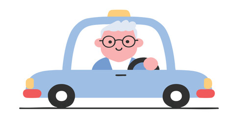 A friendly senior confidently navigates the open road, symbolizing independence and safe mobility in this charming and cartoonish portrayal.
