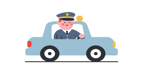 A cartoon depicts a friendly police officer driving a light blue police car, symbolizing safety, service, and community protection.