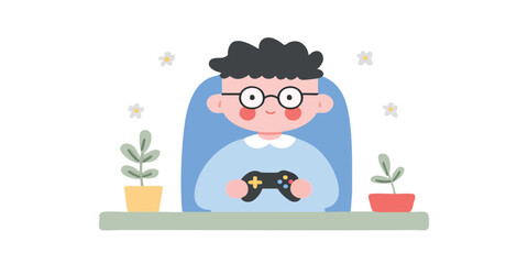 A cartoon illustration depicts a child deeply engrossed in playing a game with a game controller, surrounded by potted plants, representing the leisure, recreation, and the joy of childhood.