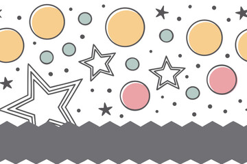Festive pattern with stars and circles in yellow pink and blue on white abstract background