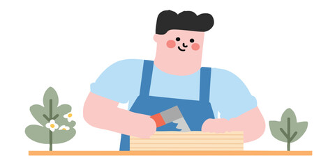 A skilled carpenter meticulously works on a wood plank, expertly shaping the material. The scene showcases the artisan's focus and dedication to the craft.