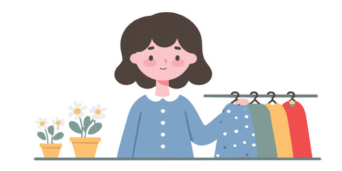 A cheerful woman surveys her collection of clothing. Displaying the simple beauty of fashion.