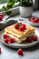 Delicious breakfast pancakes with cream and raspberries on a plate, perfect for morning treats
