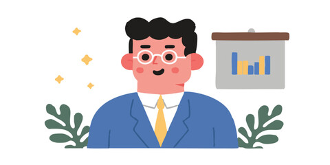 A cartoon image showing a confident businessman wearing a suit stands near a presentation board with a graphic, symbolizing business insights and leadership.